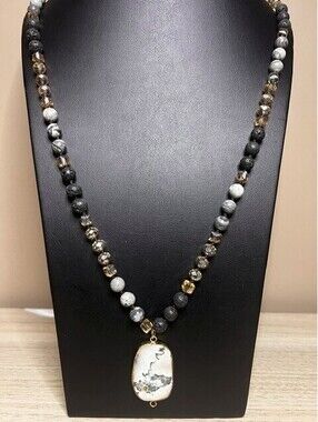 B6665 Long Beaded Necklace Lava Rock crystal Tree agate Pendant Gold 32"